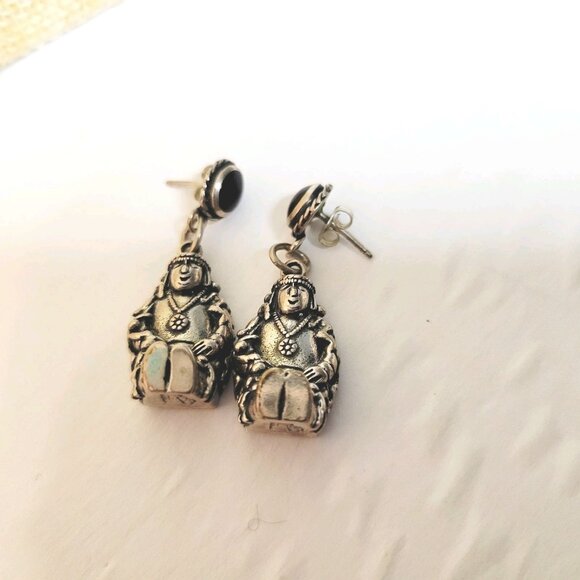 Vtg Sterling Mayan Aztec Warrior Dangle Earring Cloud Shape Marked Black Onyx - Picture 2 of 4
